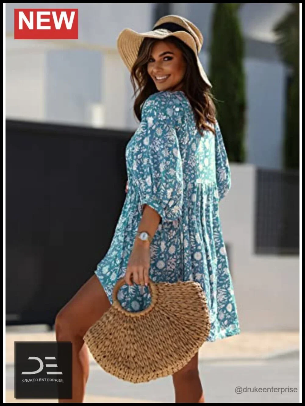 V Neck Half Sleeve Bohemian Floral Mini Tunic Dress